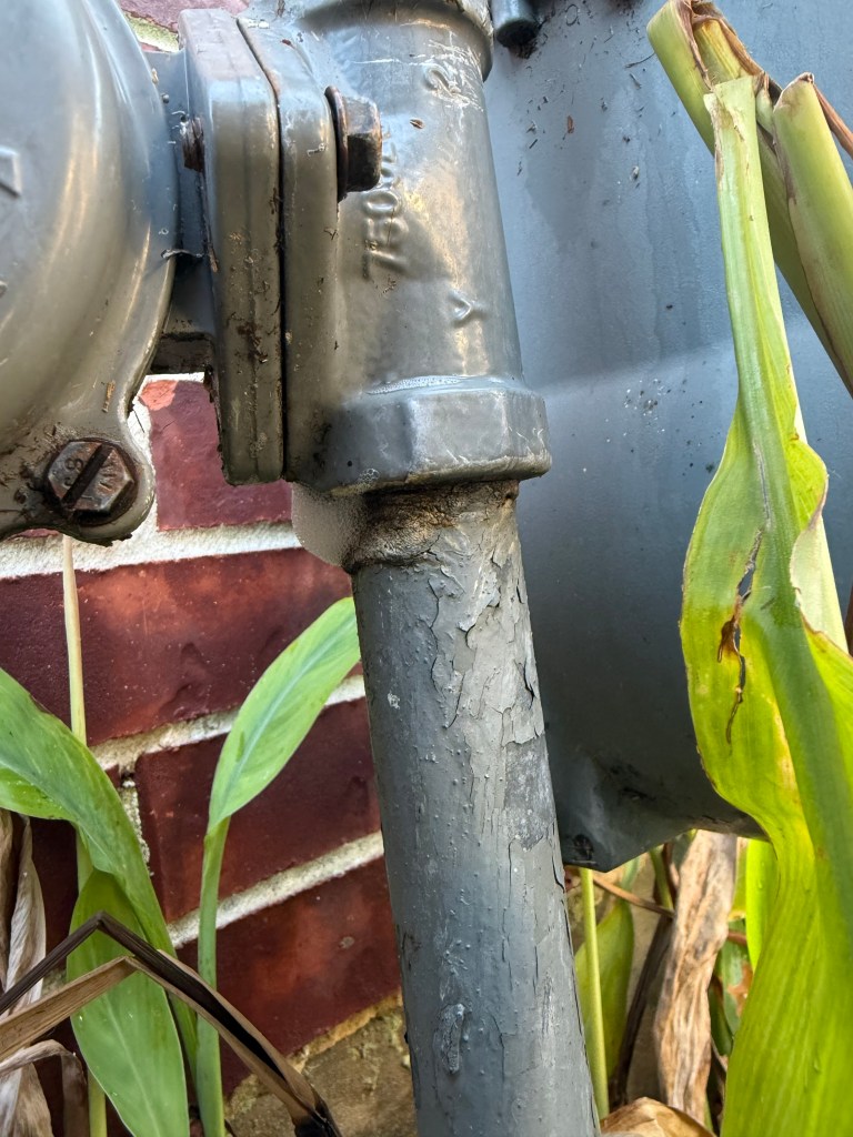 Natural gas meter leaking outside a home in Montgomery, Texas, showing a gas line safety issue inspected by Bear’s Plumbing Services.