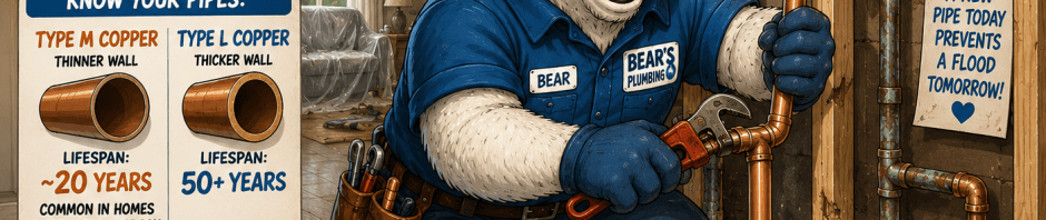 Bear the happy plumber replacing aging copper pipes in a home repipe project to prevent future plumbing leaks.