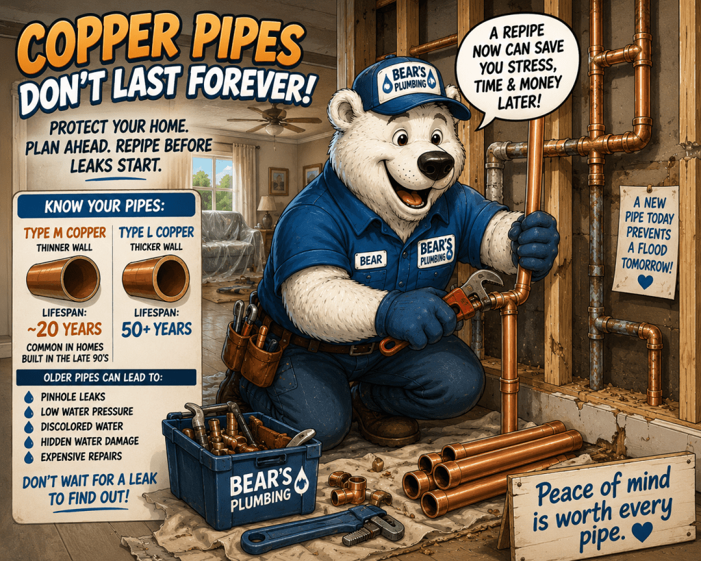 Bear the happy plumber replacing aging copper pipes in a home repipe project to prevent future plumbing leaks.