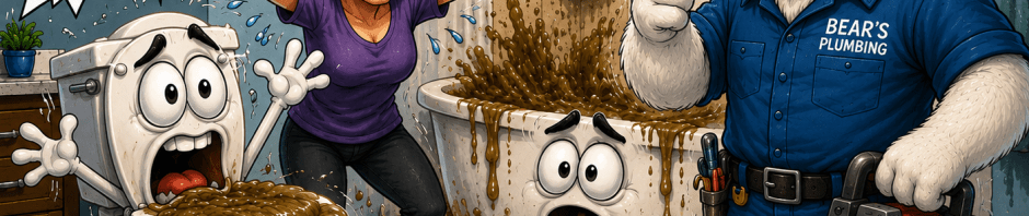 Cartoon of overflowing toilet and tub with sewage while Bear’s Plumbing polar bear calmly helps a frantic homeowner.