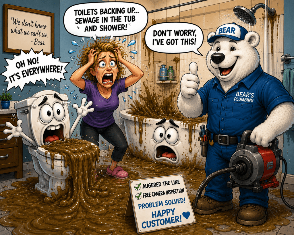 Cartoon of overflowing toilet and tub with sewage while Bear’s Plumbing calmly helps a frantic homeowner.