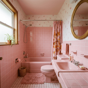 Retro pink bathroom with bathtub, sink, and toilet