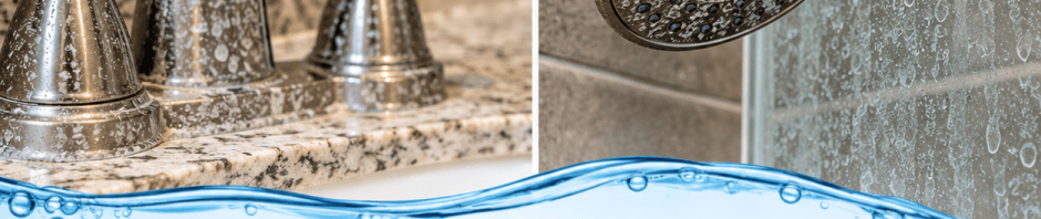 Hard water mineral buildup on a bathroom faucet, showerhead, and shower glass showing how hard water can affect plumbing fixtures.