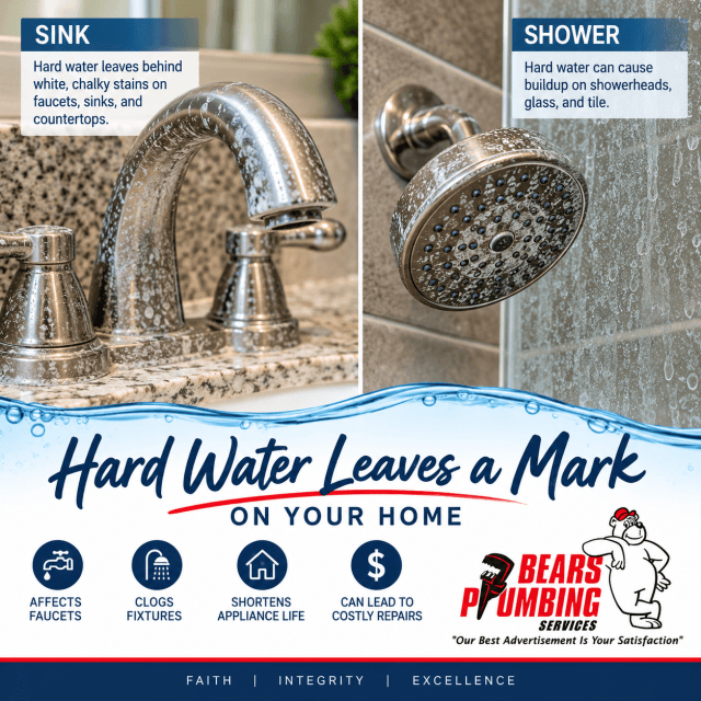 Hard water mineral buildup on a bathroom faucet, showerhead, and shower glass showing how hard water can affect plumbing fixtures.