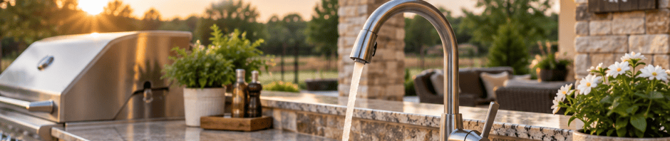 Outdoor kitchen with stainless steel sink and faucet in Magnolia, Texas, highlighting common outdoor faucet and plumbing problems.