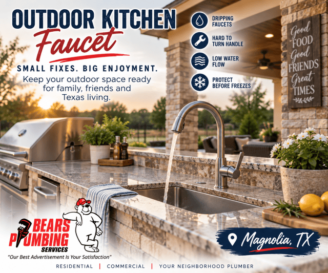 Outdoor kitchen with stainless steel sink and faucet in Magnolia, Texas, highlighting common outdoor faucet and plumbing problems.