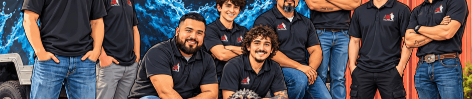 Caricature of the Bear’s Plumbing team in front of their service truck, representing plumbers who help protect homes, clean water, and the community.