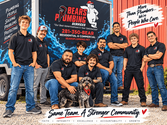 Caricature of the Bear’s Plumbing team in front of their service truck, representing plumbers who help protect homes, clean water, and the community.